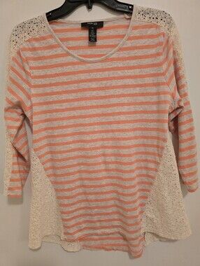 Style & Co. Coral and Light Gray Striped Long-Sleeve Tee with Cream Lace Panels